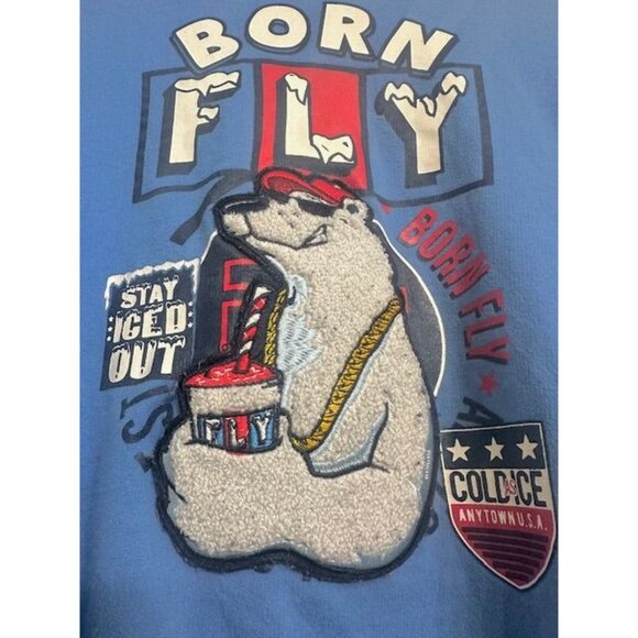 Born Fly Unisex Blue Hoodie Embroidered Polar Bear Cotton Pullover Sweatshirt XL - Picture 2 of 8